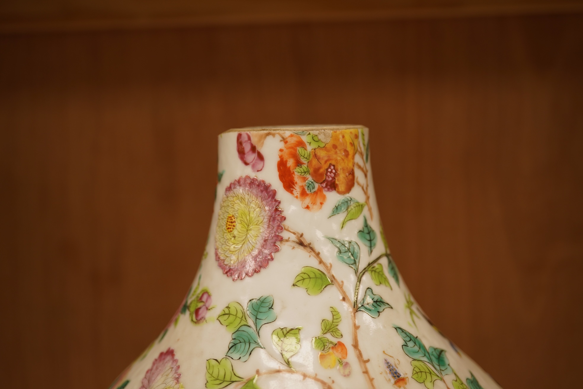A 19th century Chinese famile rose vase, with an altered neck, 25cm high